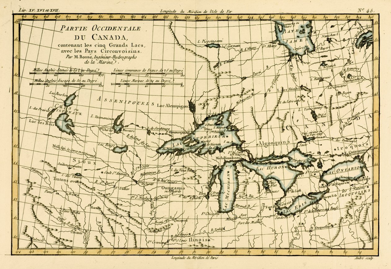 Canadá Ocidental, incluindo os Cinco Grandes Lagos, de "Atlas de Todas as Partes Conhecidas do Globo Terrestre", de Guillaume Raynal (1713-96), publicado por JL Pellet, Genebra, 1780 de Charles Marie Rigobert Bonne