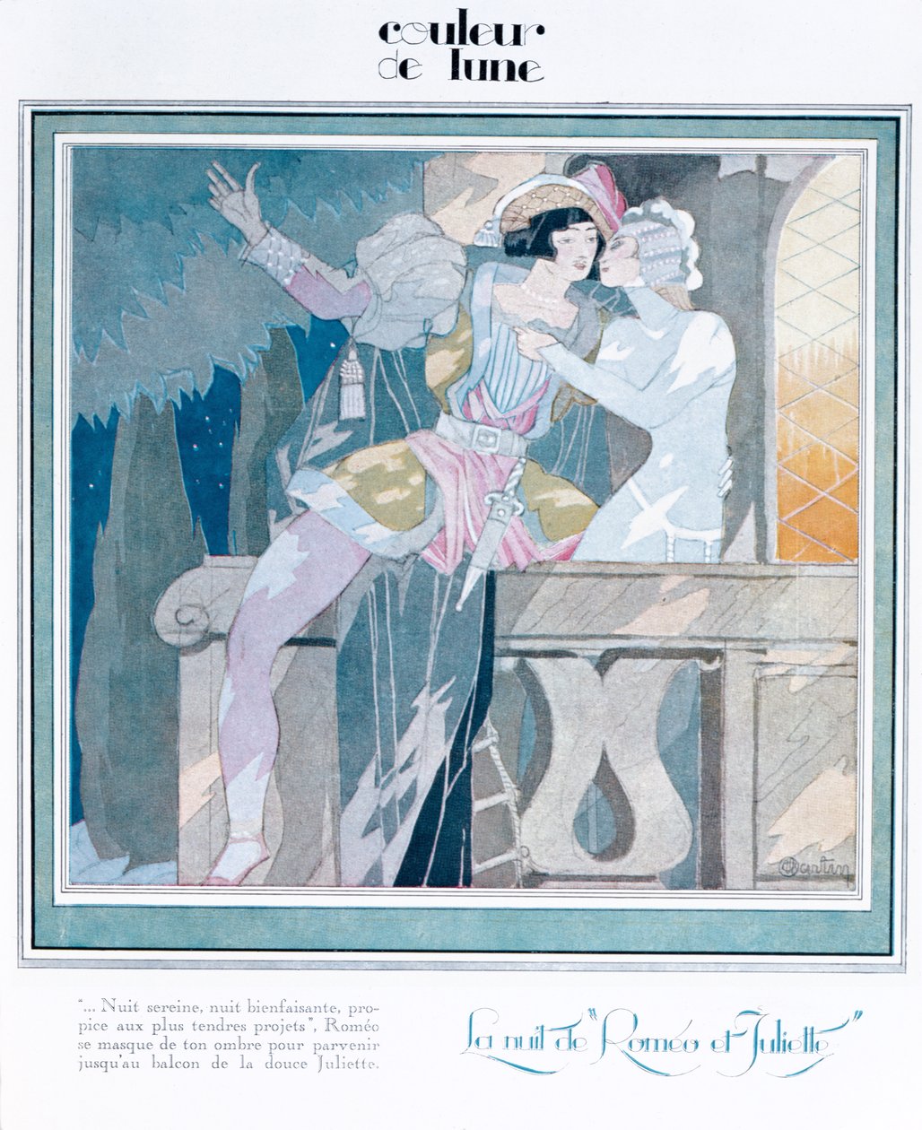 Romeu e Julieta na cena do balcão, ilustração da revista &39;Femina&39;, de dezembro de 1929 de Charles Martin
