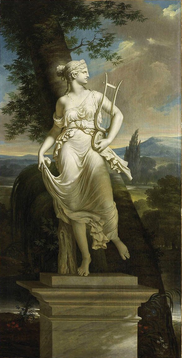 Estátua, de, polyhymnia, em, um, landscapenfrancais :, estátua, de, polyhymnia, ligado, um, fundo, de, paysagen de Charles Meynier