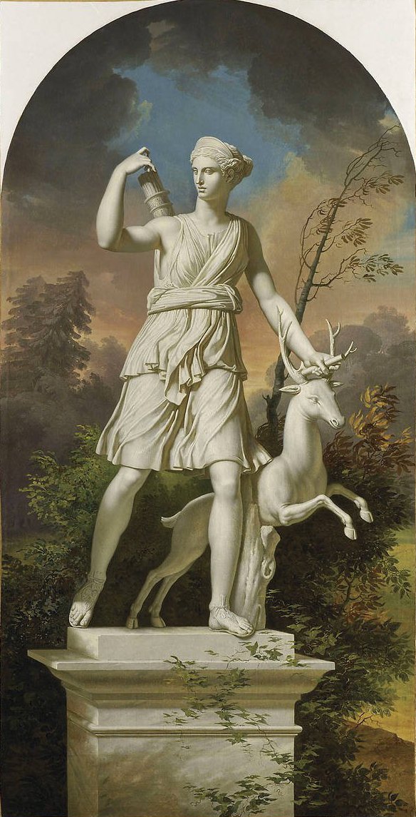 Estátuas de Diana a caçadora em um paisagismoFrancais: Estátua de Diana a caçadora em um fundo do país de Charles Meynier