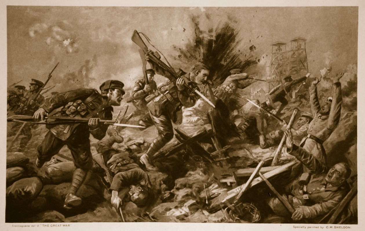 Carregamento através das trincheiras alemãs em Loos, 25 de setembro de 1915, 1914-19 de Charles Mills Sheldon