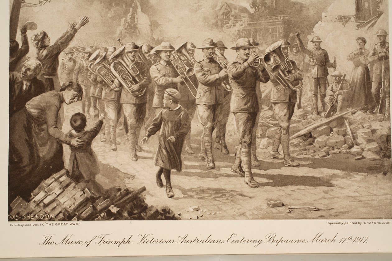 A Música do Triunfo: Australianos Vitoriosos Entrando em Bapaume, 17 de março de 1917, 1917-19 de Charles Mills Sheldon