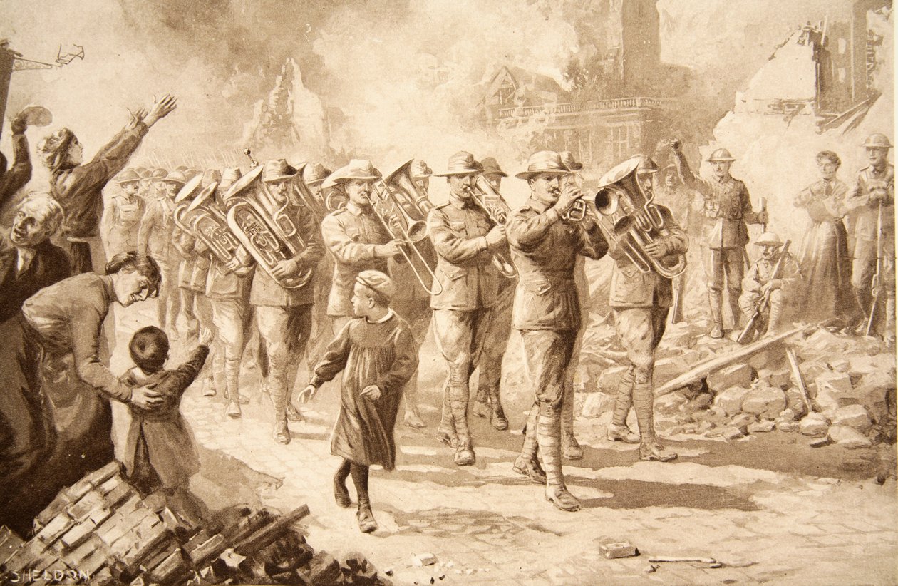 A música do triunfo: Australianos vitoriosos entrando em Bapaume, 17 de março de 1917 de Charles Mills Sheldon