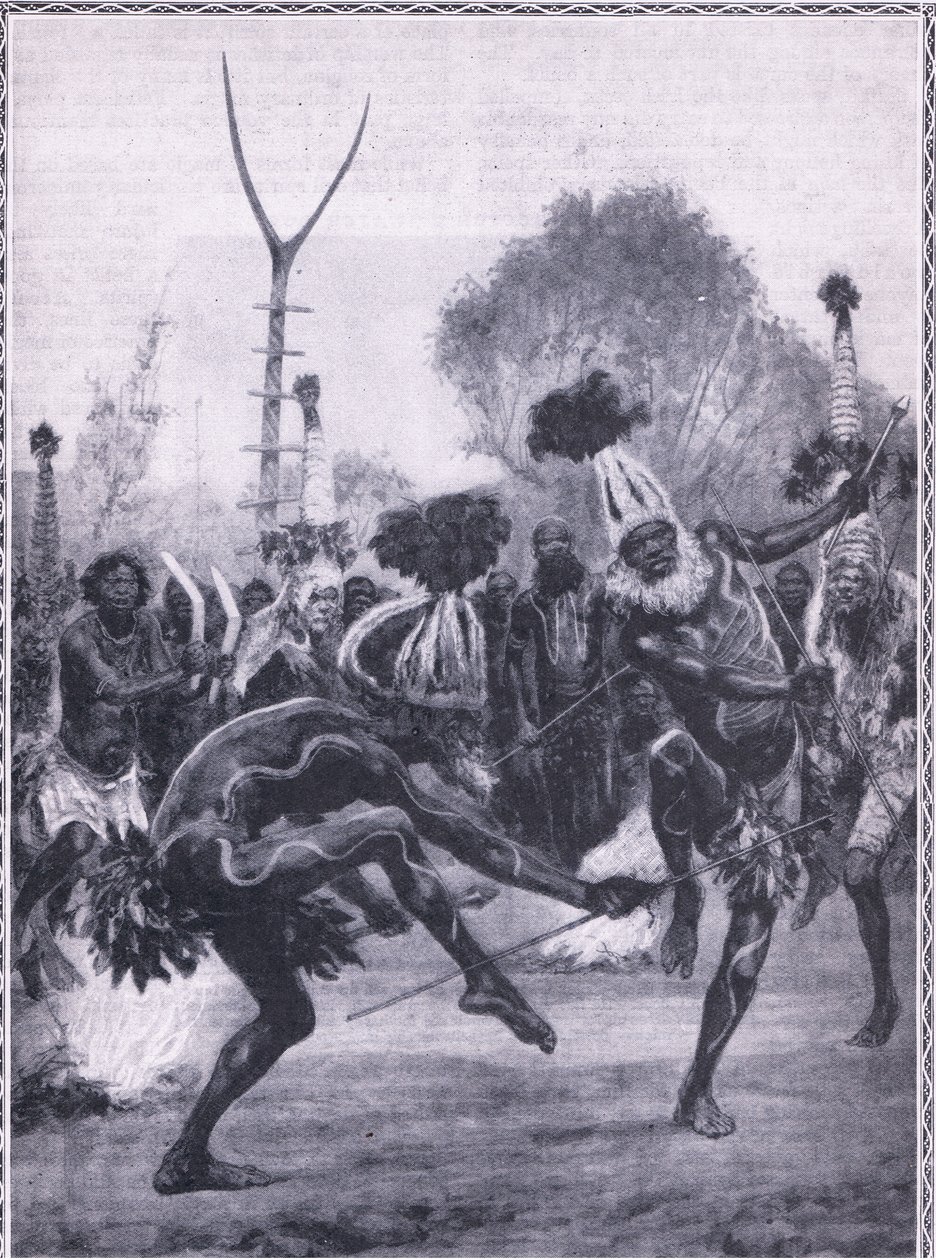 As danças selvagens dos aborígines de Queensland, realizando a "dança do bastão bifurcado" de Charles Mills Sheldon