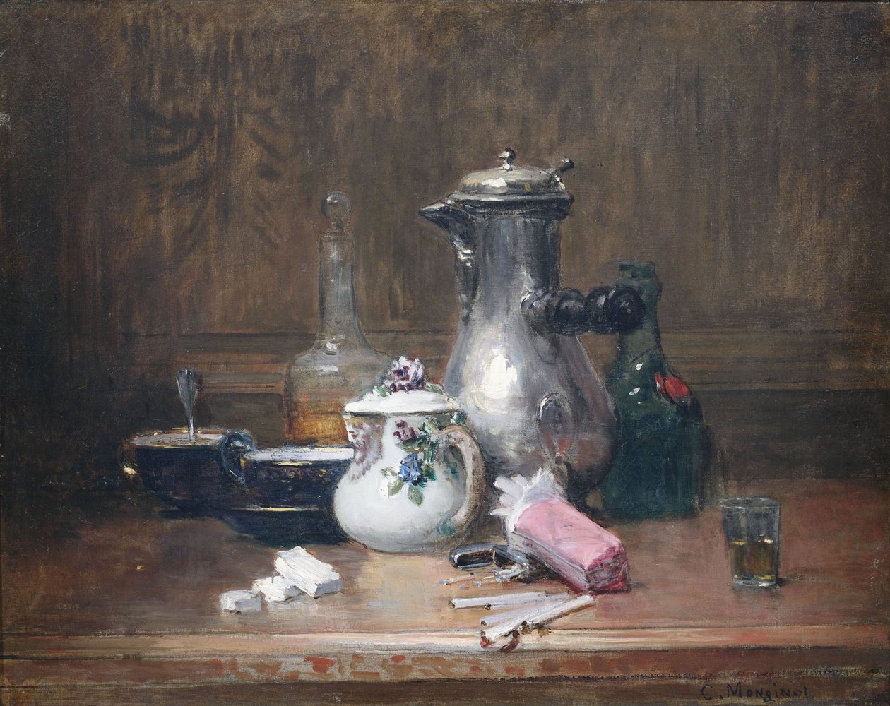 Natureza morte du bon vivant. Ainda vida com utensílios de café, garrafa de conhaque e cigarros de Charles Monginot