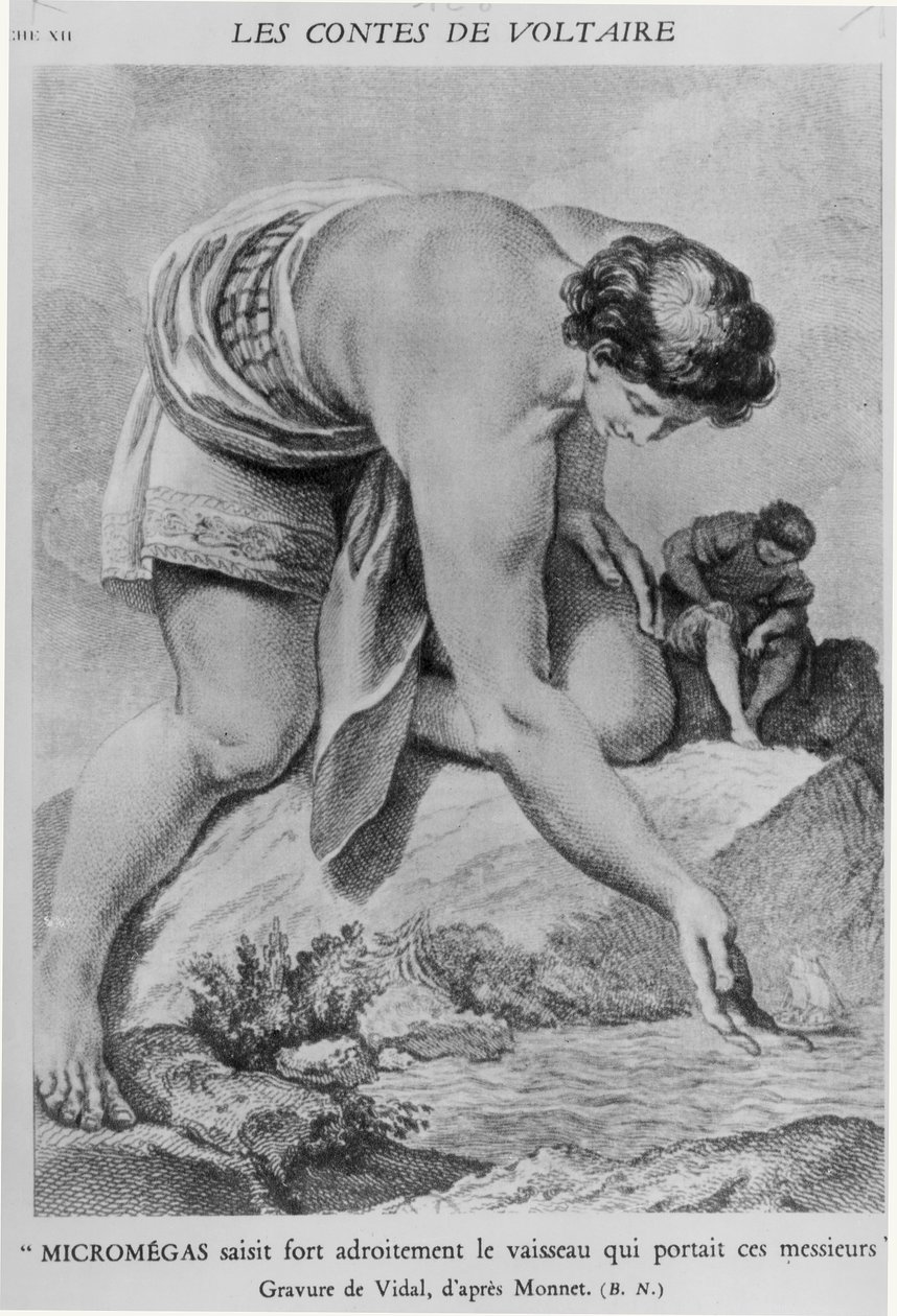 &39;Micromegas habilmente pega o navio que carregava esses senhores&39;, de &39;Les Contes&39; de François Marie Arouet de Voltaire (1694-1778) gravado por Gerard Vidal (1742-1801) de Charles Monnet