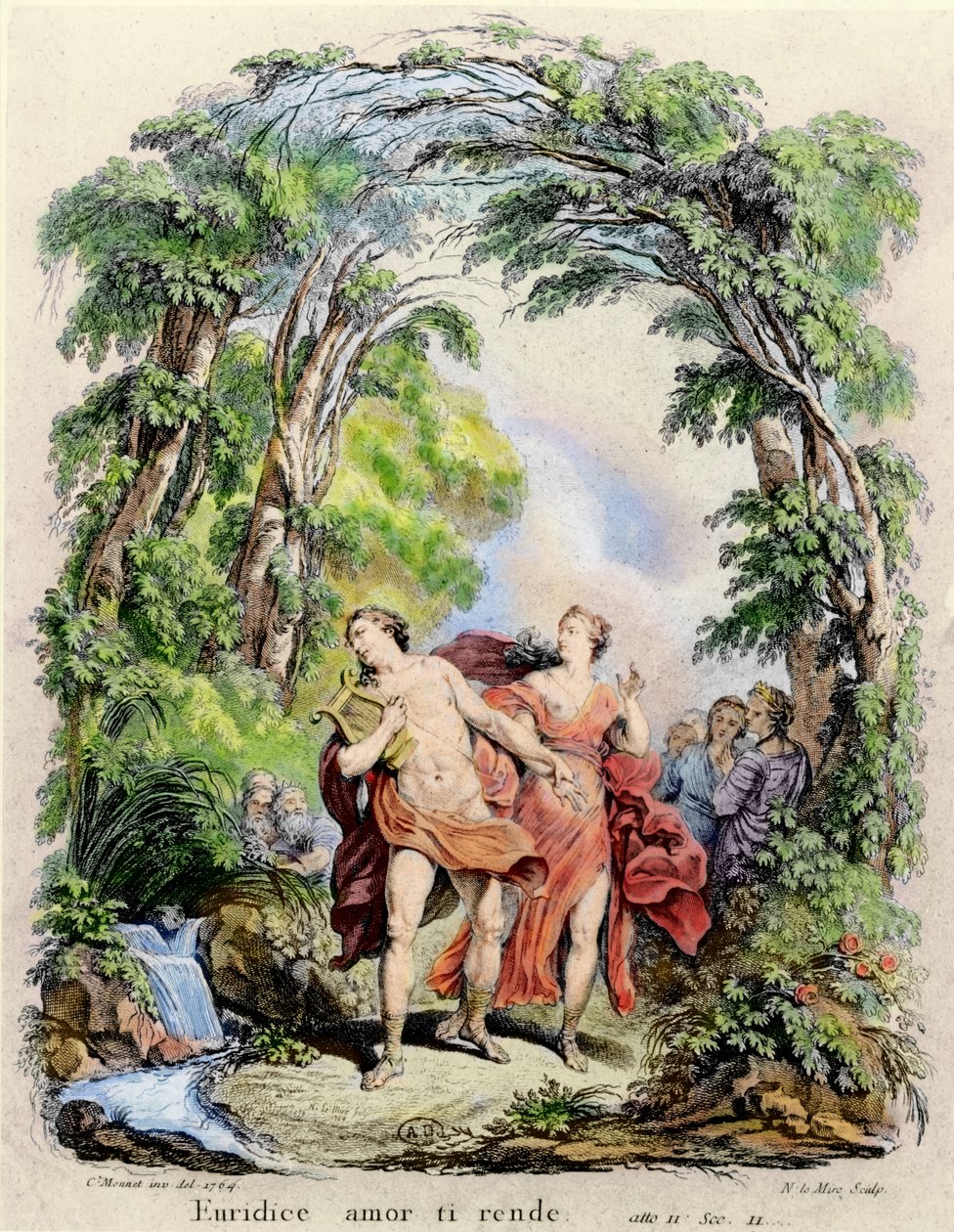 Orfeu levando Eurydice para fora do inferno, ilustração para a ópera &39;Orfeu e Eurídice&39; de Christoph von Gluck (1714-1787), 1764 de Charles Monnet
