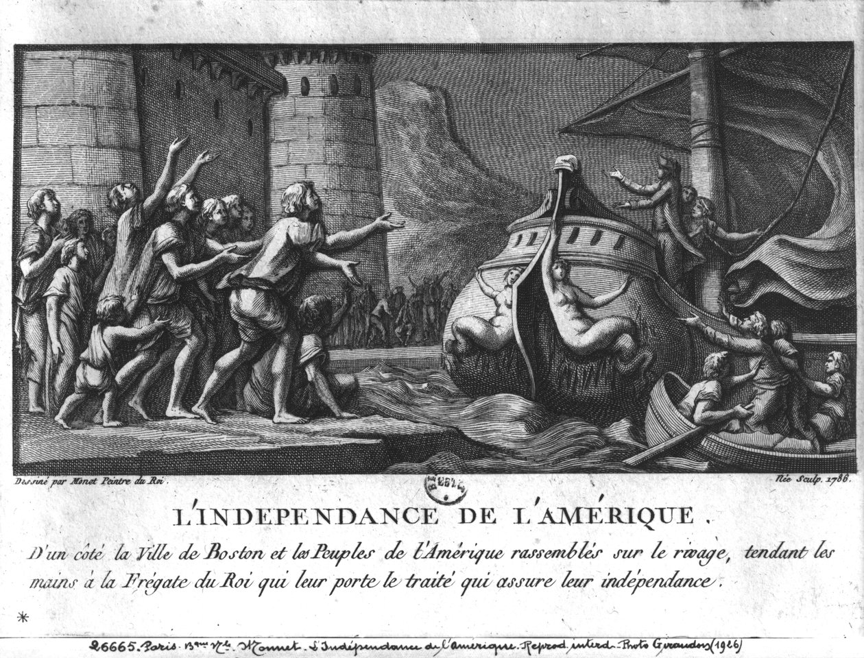 The American Independence, uma fragata francesa trazendo o tratado para Boston, gravada por François Denis Nee (1732-1817), 1786 de Charles Monnet