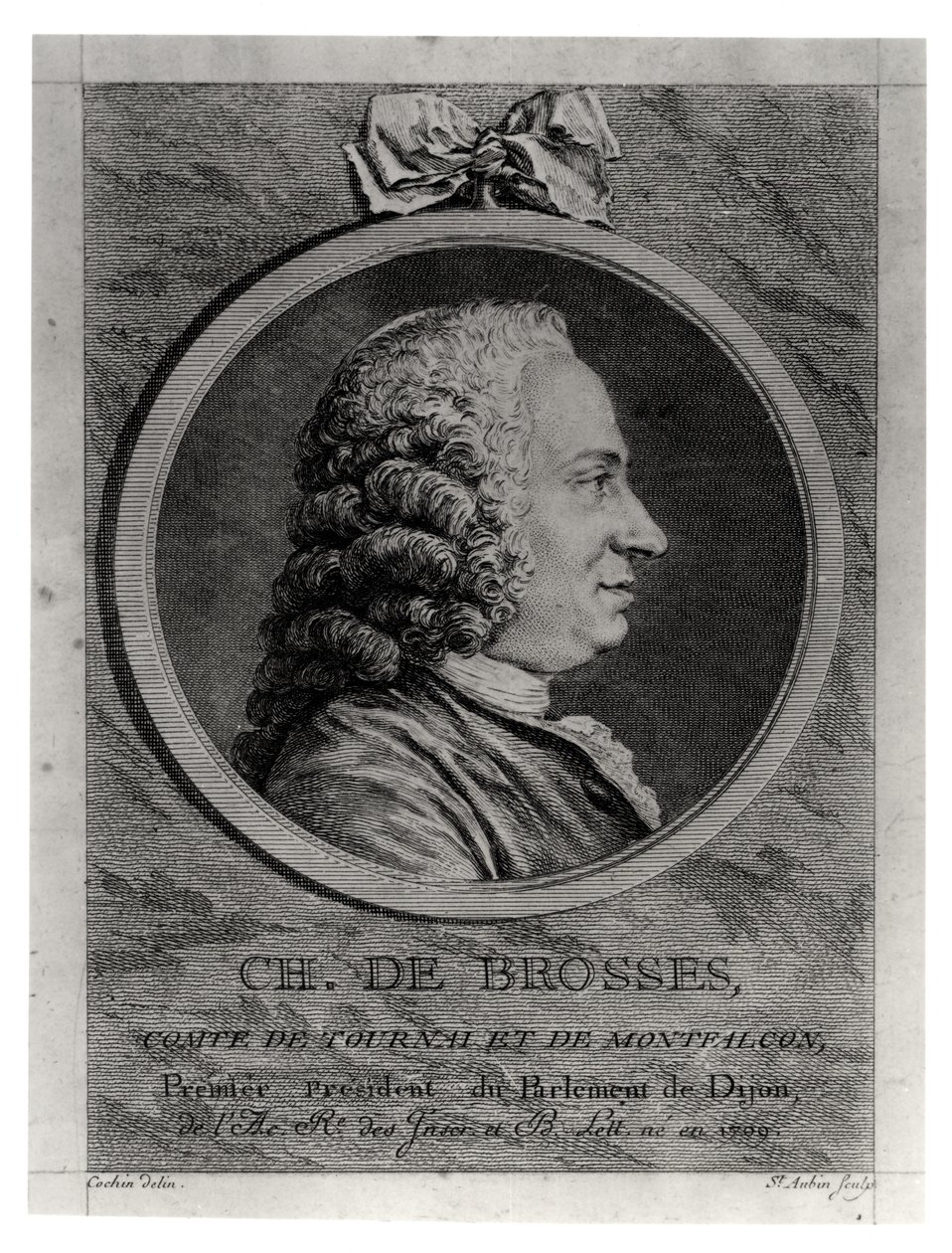 Charles de Brosses (1709-77), conde de Tournai e Montfaucon, gravado por Augustin de Saint-Aubin (1736-1807) de Charles Nicolas II Cochin
