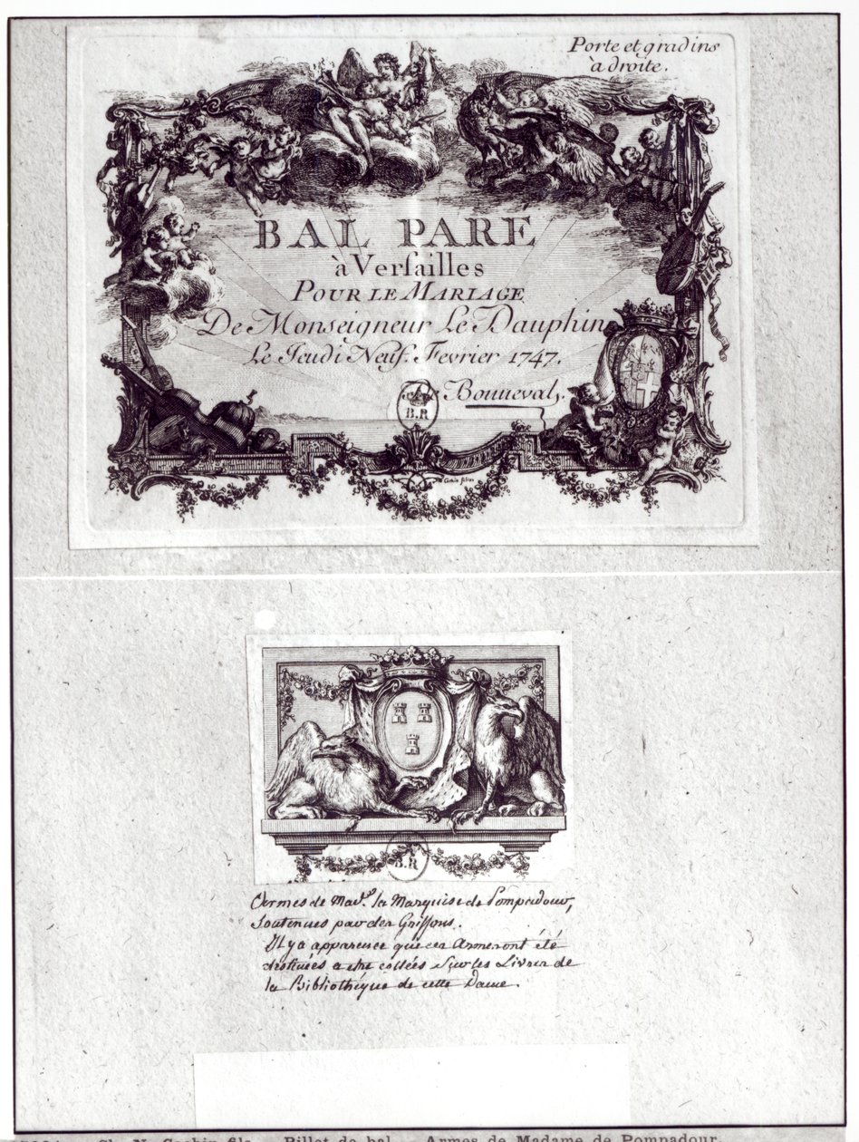 Bilhete de entrada para a bola em Versalhes para o casamento de Monseigneur le Dauphin, 9 de fevereiro de 1747 e Ex Libris com armas de Madame de Pompadour (1721-64) de Charles Nicolas II Cochin