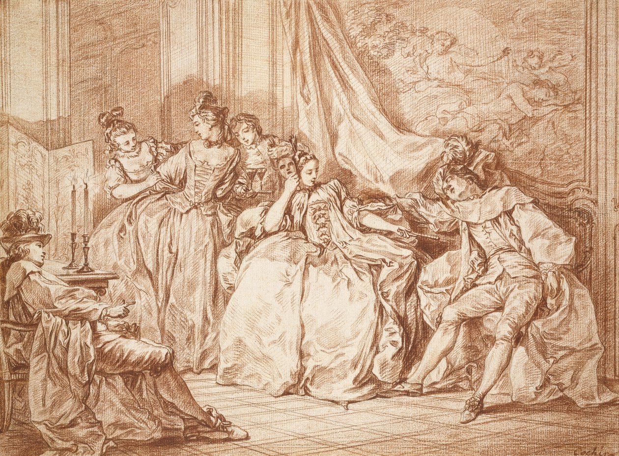 Festa das Foliões (grafite com giz vermelho sobre papel quase branco, afiado com tinta preta) de Charles Nicolas II Cochin