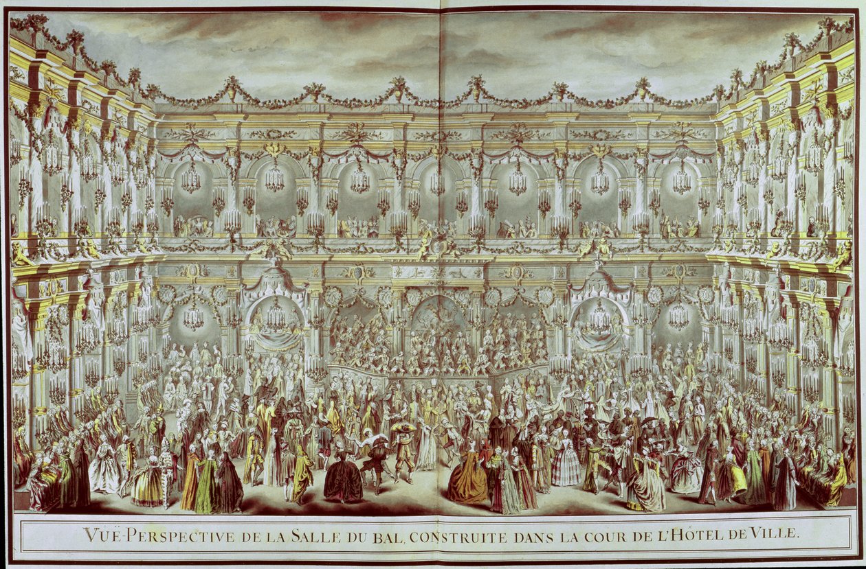 Vista em perspectiva do salão de baile construído no pátio do Hotel de Ville, em Paris, por ocasião do primeiro casamento do Dauphin com Marie-Therese (1638-83) Infanta de Espanha de Charles Nicolas II Cochin