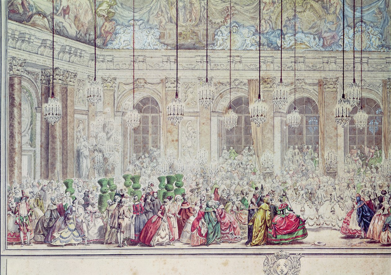 O baile de máscaras na Galerie des Glaces na ocasião do casamento do Dauphin para Marie-Therese, 17 de fevereiro de 1745 (caneta e tinta no papel) (detalhe) de Charles Nicolas II Cochin