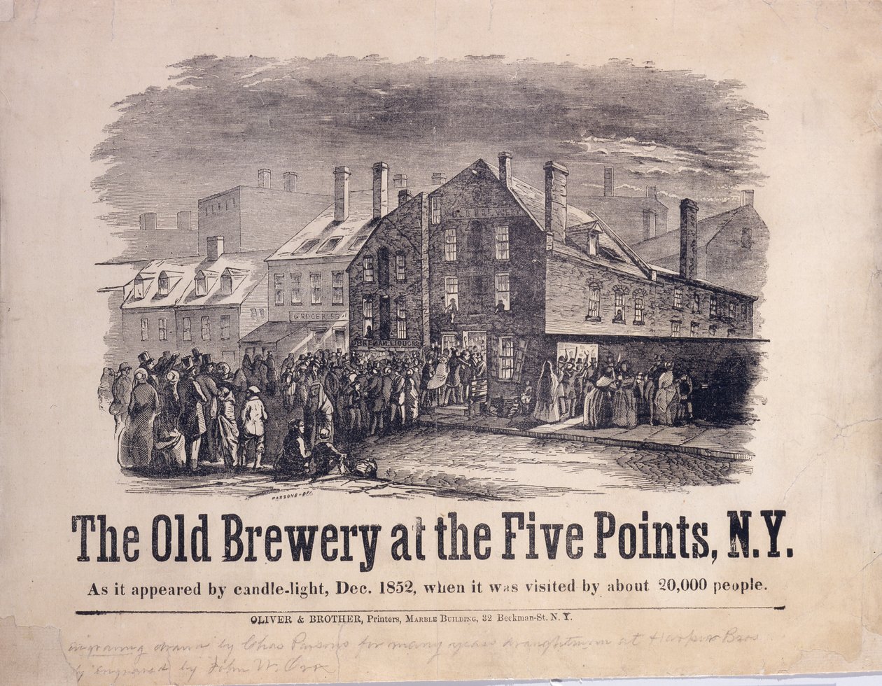 A antiga cervejaria nos cinco pontos, Nova York, como apareceu pela luz de velas, dezembro de 1852, quando foi visitada por cerca de 20.000 pessoas, gravada por John W. Orr (1815-57), ca. 1853 (gravura em madeira) de Charles Parsons