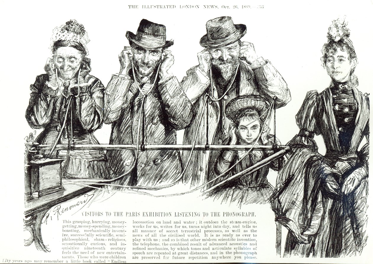 Visitantes da Exposição de Paris ouvindo o fonógrafo, de &39;The Illustrated London News&39;, 26 de outubro de 1889 (foto bw) de Charles Paul Renouard