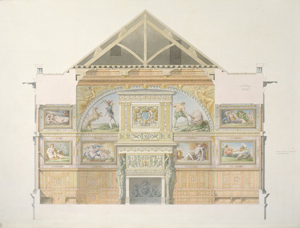 Ms 1014 Elevação do salão de baile em Fontainebleau, placa de um álbum (wc und pencil on paper) de Charles Percier