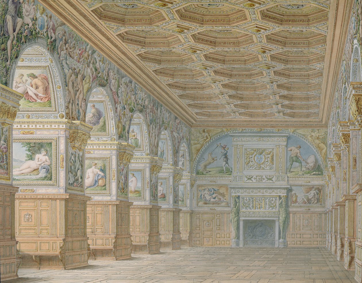Ms 1014 O salão de baile em Fontainebleau, placa de um álbum (wc und pencil on paper) de Charles Percier