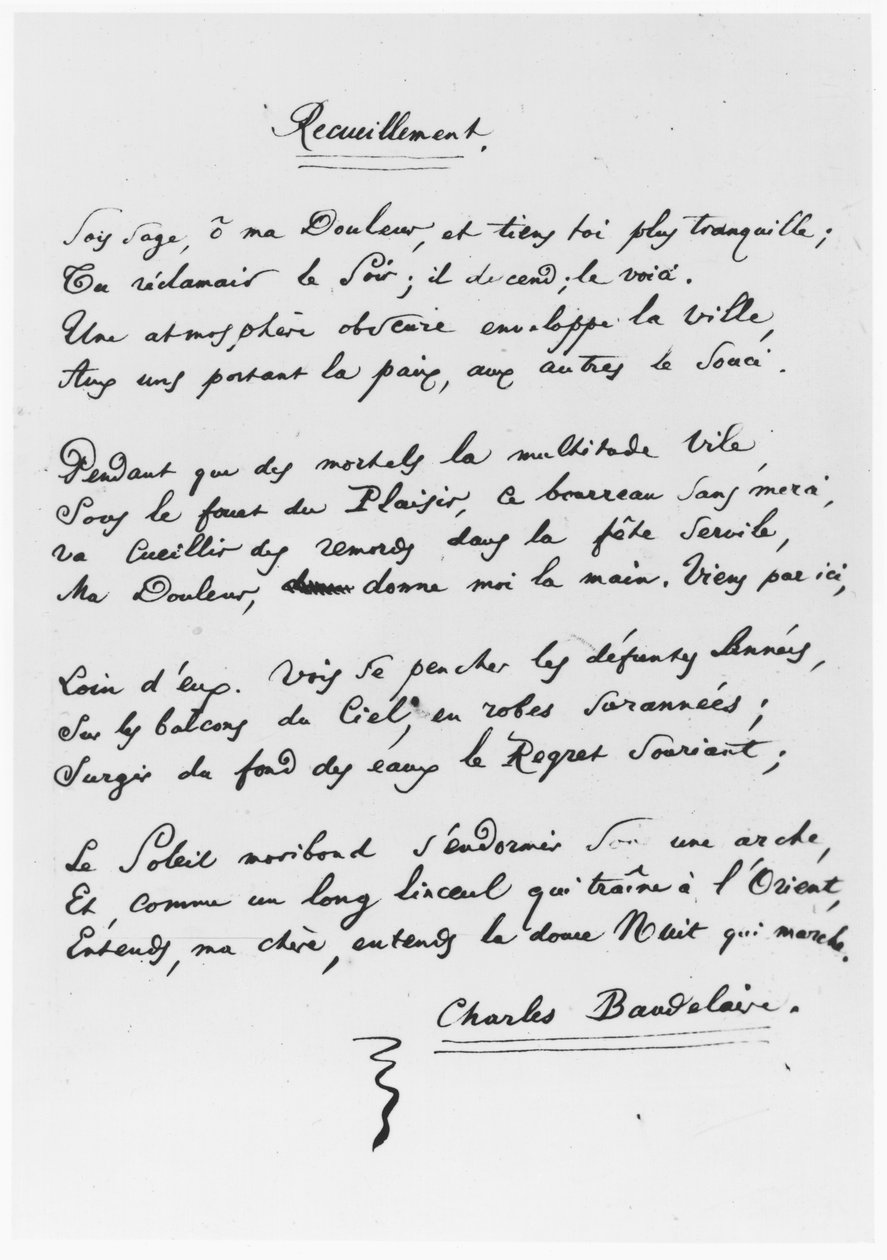 &39;Recoleção&39;, soneto assinado, 1861 de Charles Pierre Baudelaire
