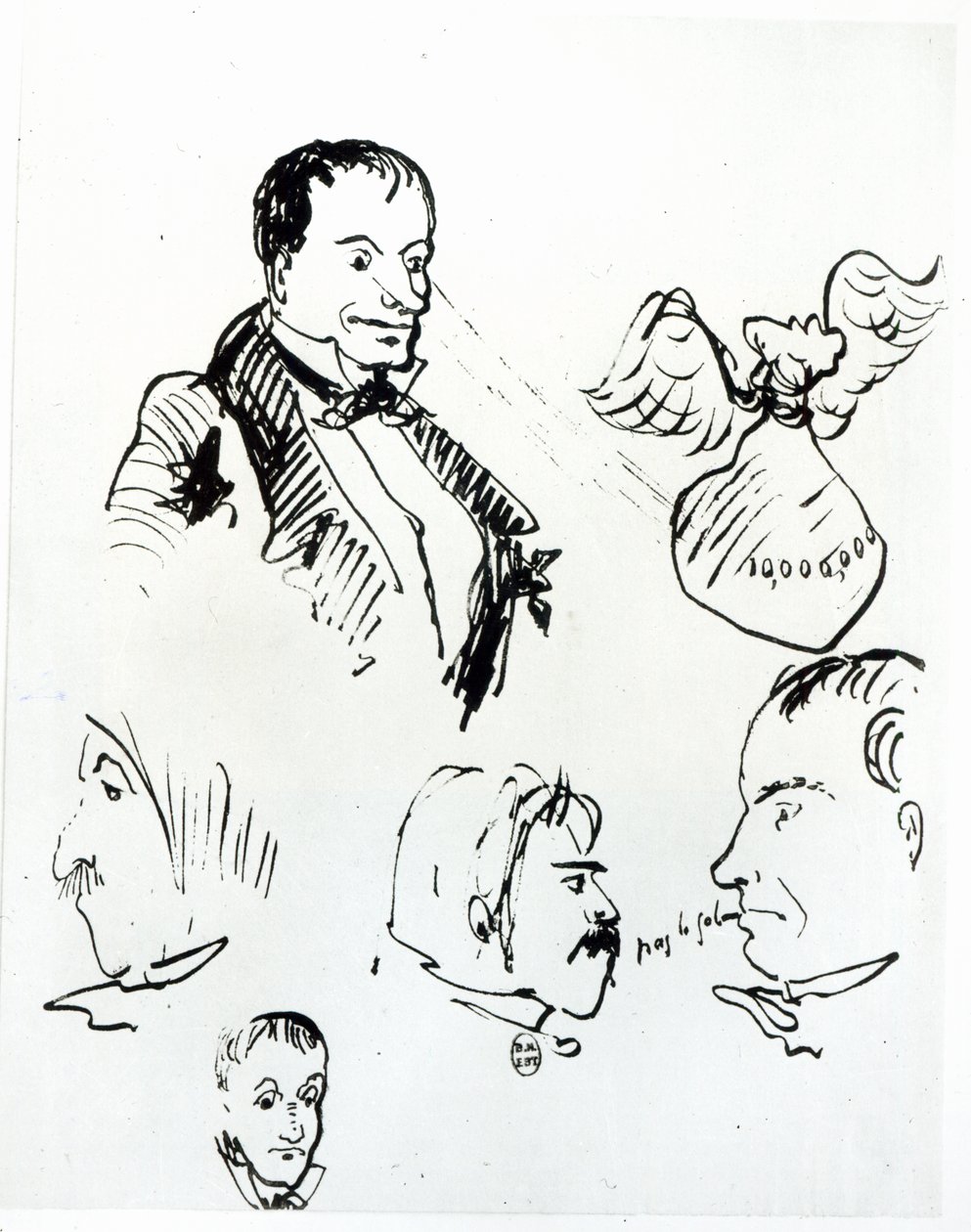 Três autorretratos e perfis de Jules Champfleury (1821-89) e Charles Asselineau (1820-74) c.1857-58 de Charles Pierre Baudelaire