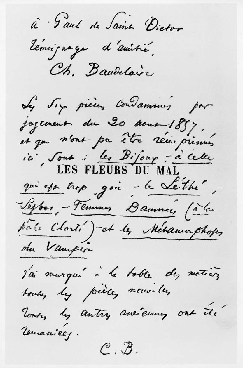 Página de rosto da primeira edição de &39;Les Fleurs du Mal&39; com uma dedicação a Paul de Saint-Victor de Charles Pierre Baudelaire