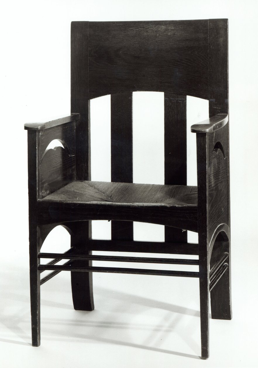 Poltrona, c.1897 (carvalho escuro manchado com assento lateral e painéis laterais furados) de Charles Rennie Mackintosh