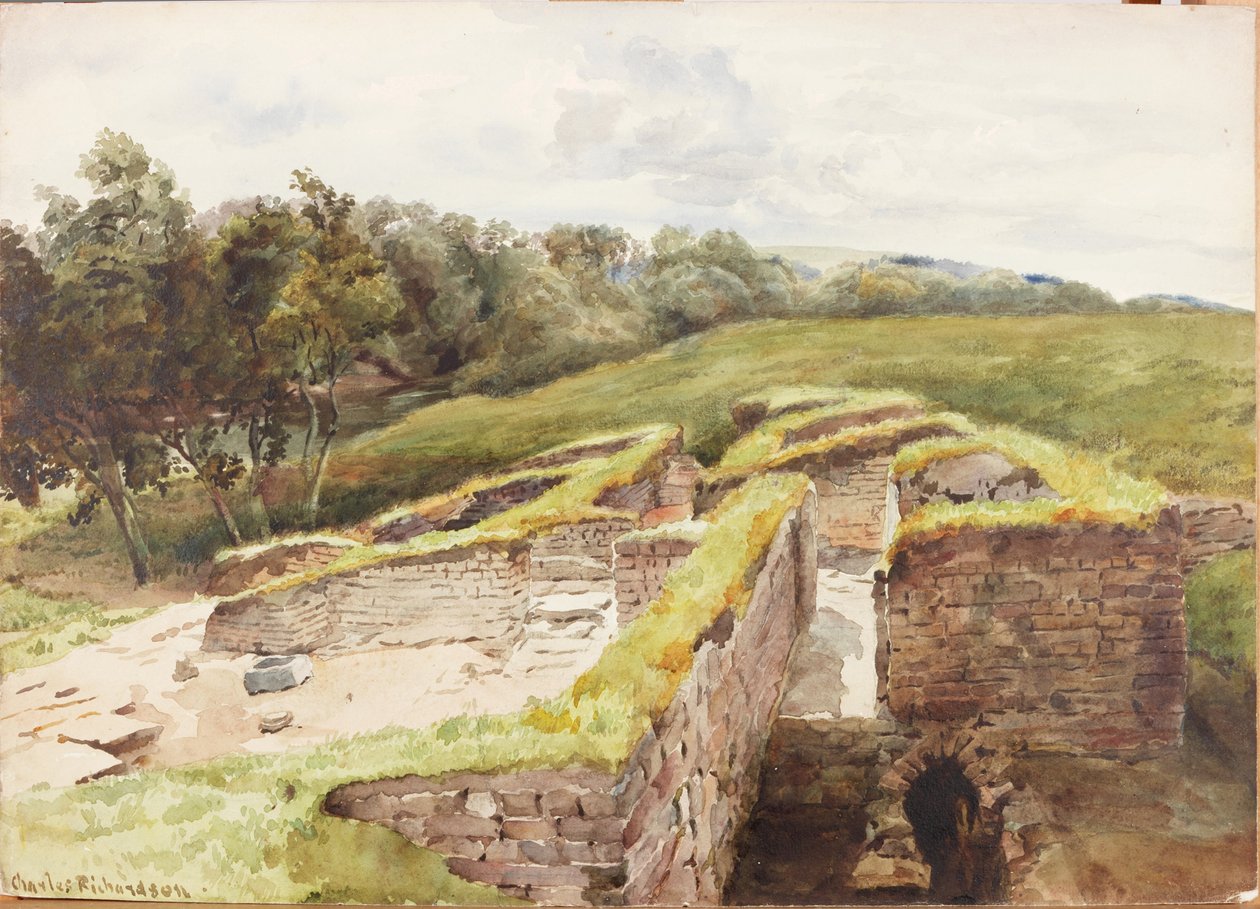 Chesters, Bath-House do Norte (bodycolour, lápis e wc no papel) de Charles Richardson