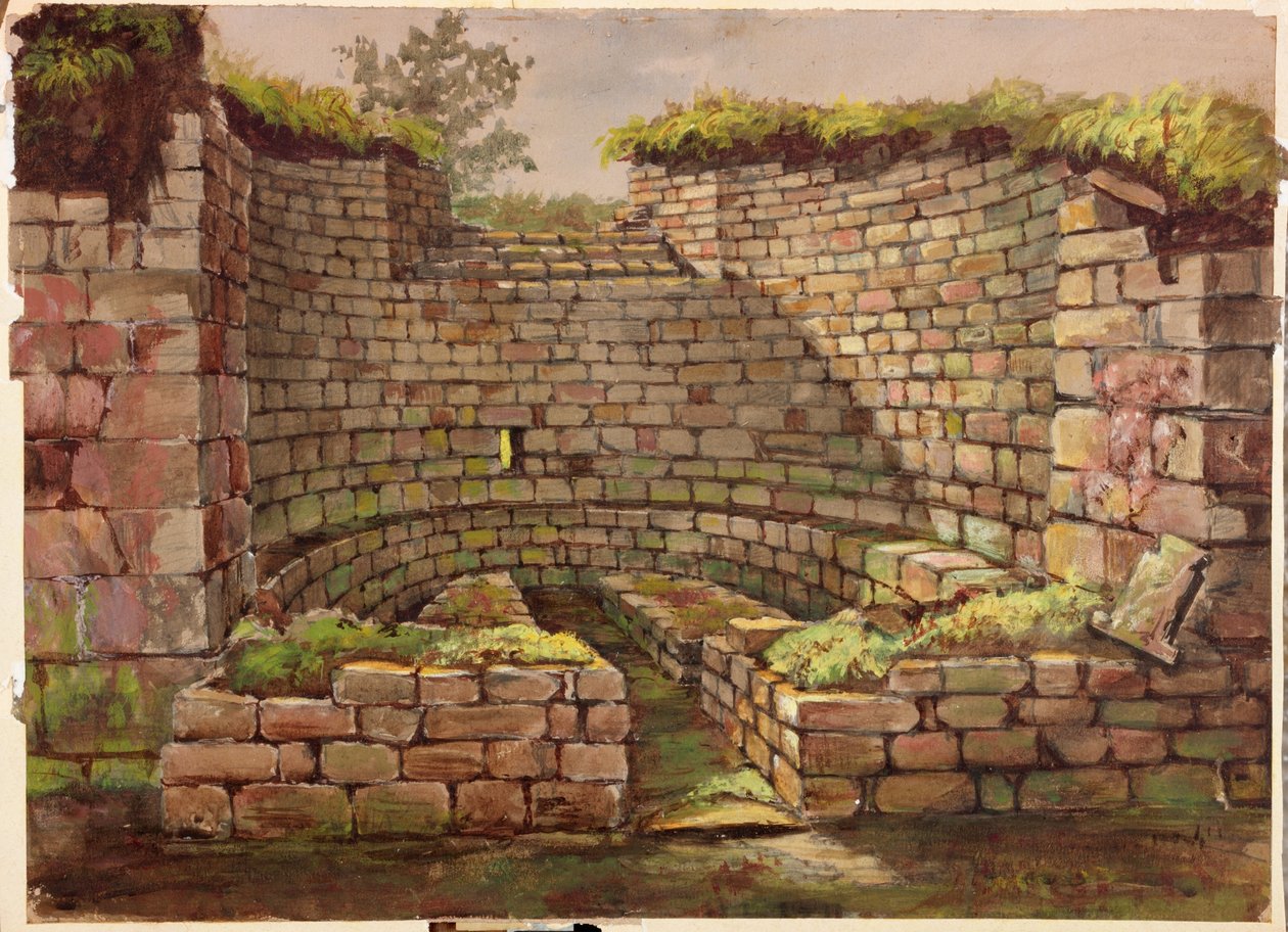 Um dos edifícios nas escavações perto do rio, Cilurnum (bodycolour, lápis e wc no papel) de Charles Richardson