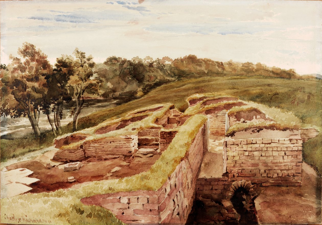 Os Banhos Romanos, Chesters, North Tyne (East View) (bodycolour, lápis e wc no papel) de Charles Richardson