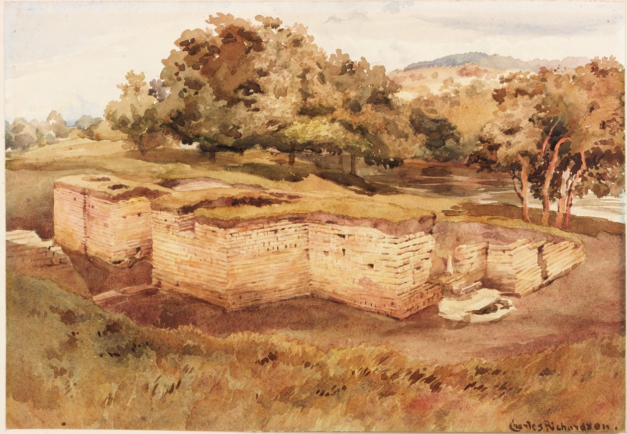 Os Banhos Romanos, Chesters, North Tyne (West View) (bodycolour no papel) de Charles Richardson
