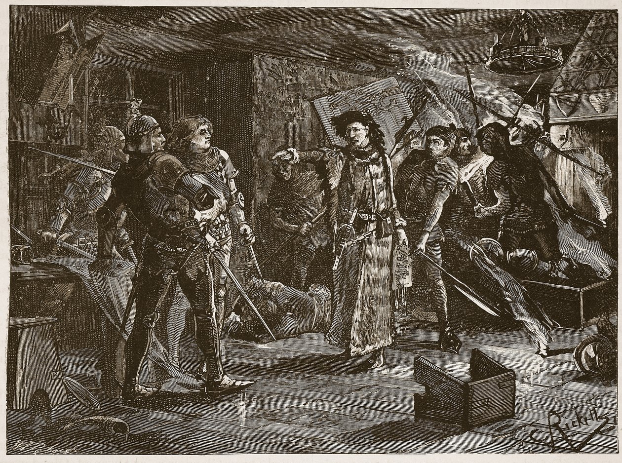Detenção dos conspiradores em Cirencester, ilustração de "História Ilustrada de Cassell na Inglaterra" (foto sépia) de Charles Ricketts