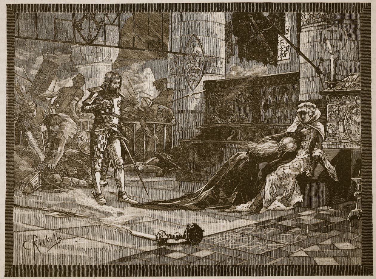 Captura da esposa e filha de Bruce em Tain, 1306, ilustração da &39;História Ilustrada de Cassell na Inglaterra&39; de Charles Ricketts
