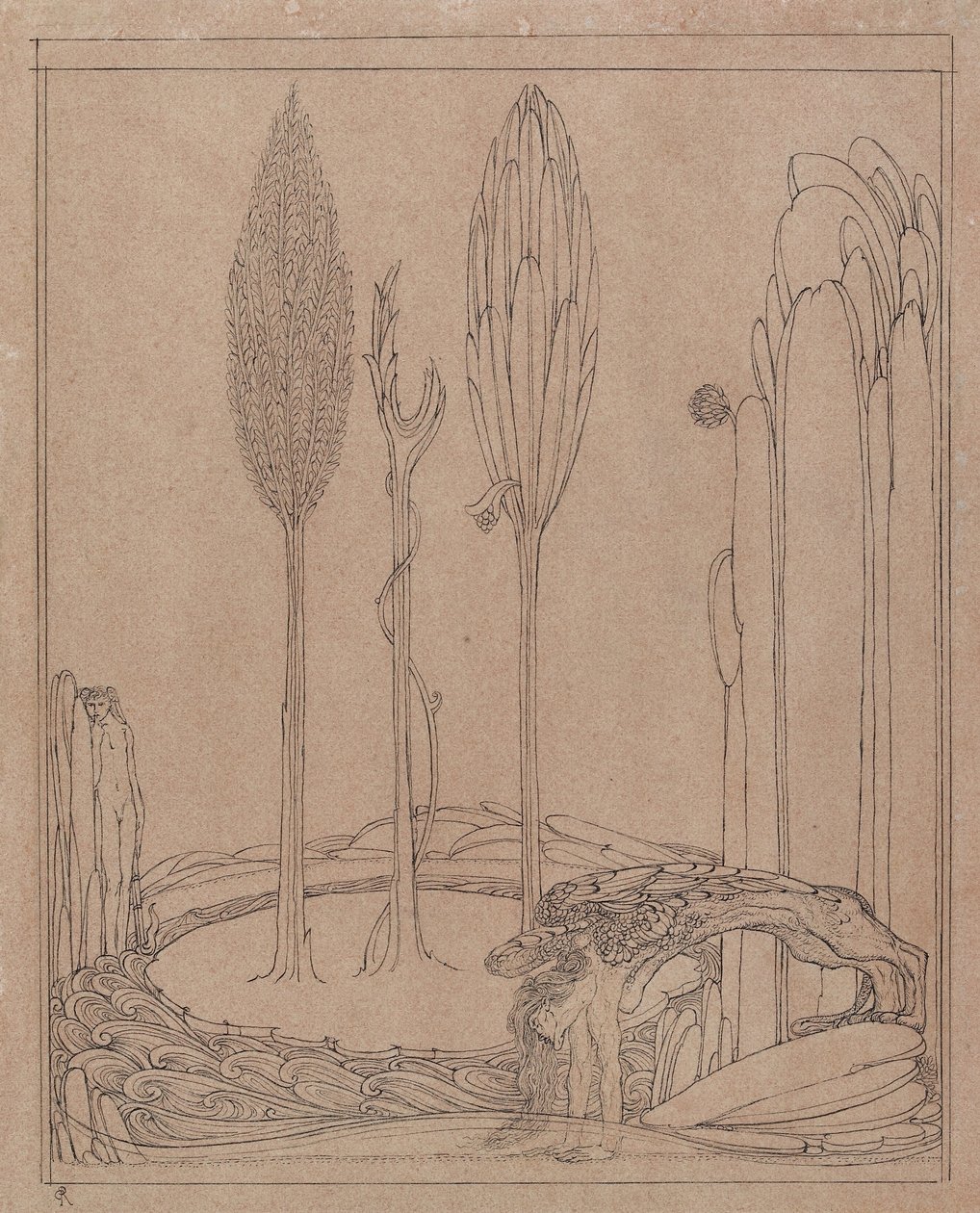 Agachado pela Marge (caneta e tinta preta em papel rosa) de Charles Ricketts
