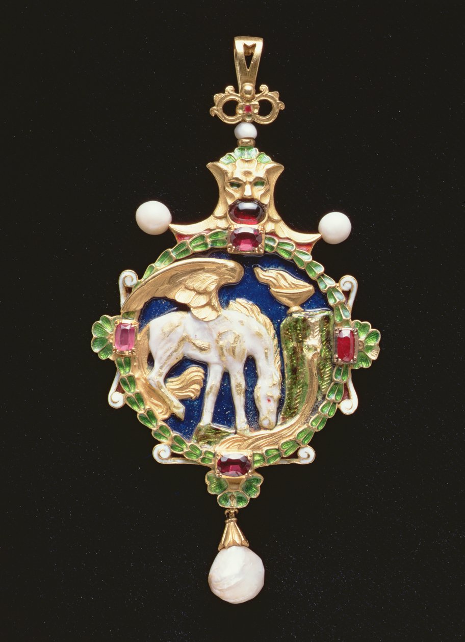 Pingente de Pégaso contendo miniatura de Miss Edith Emily Cooper, fechado em 1901 (ouro e esmalte, pérolas, granadas e rubis) (ver 109663 para dentro) de Charles Ricketts