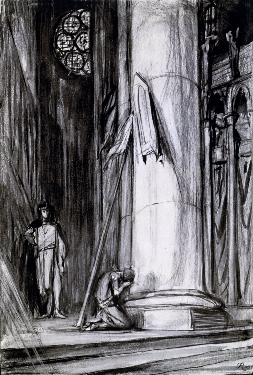 Catedral de Reims, cena de &39;St Joan&39; por George Bernard Shaw, c.1924 (carvão sobre papel) de Charles Ricketts