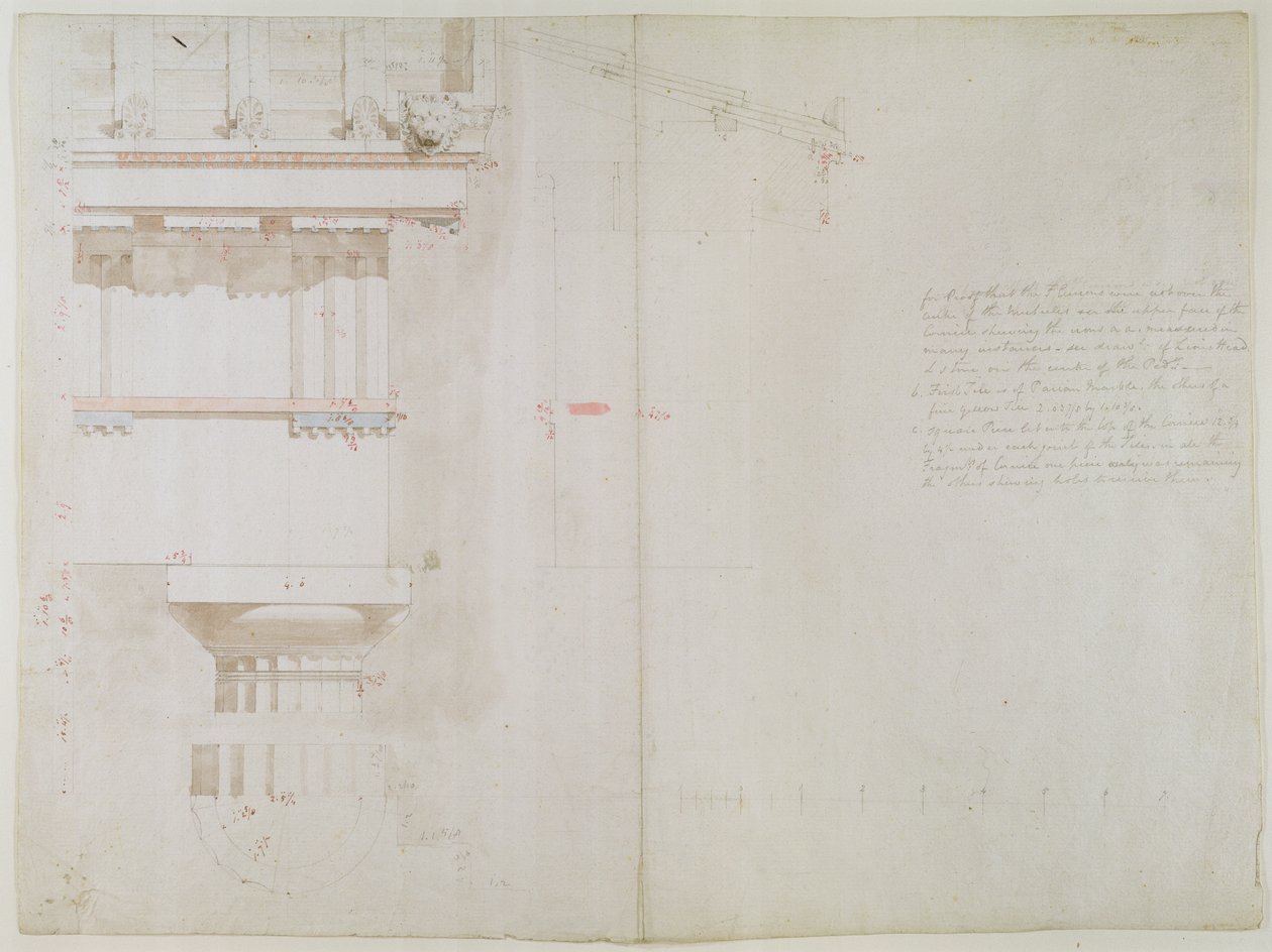 Uma Coleção de Desenhos Originais para Templos em Bassac: Elevação e Estrutura Parcial do Telhado dos Templos de Júpiter Panhellenius em Aegina, 1860 (lavar, wc e grafite sobre papel) de Charles Robert Cockerell