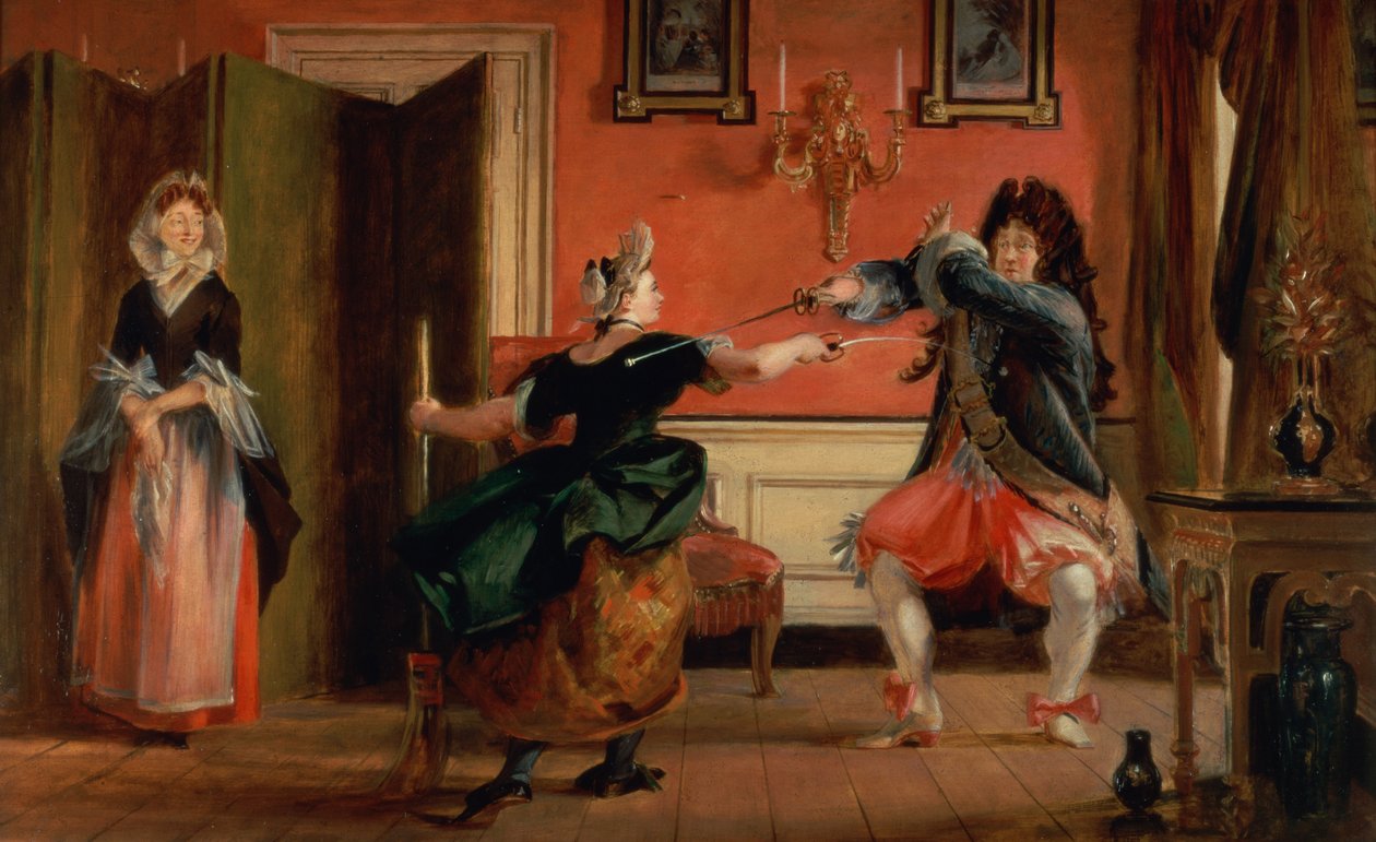 Jourdain Cercas sua empregada, Nicole com sua esposa olhando. Cena de &39;Le Bourgeois Gentilhomme&39;, ato III, cena 3 de Charles Robert Leslie