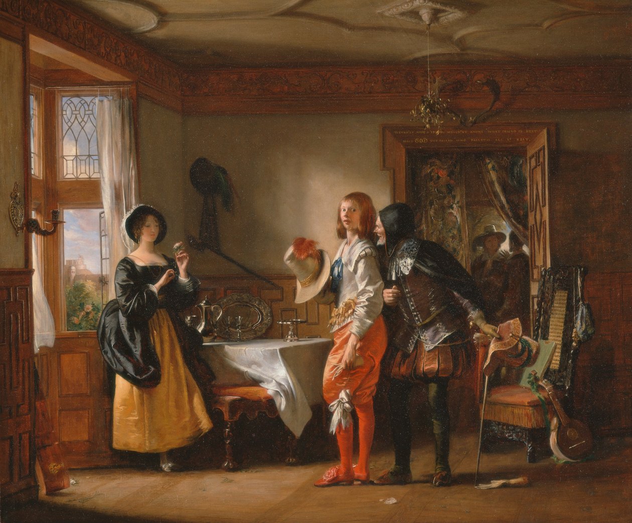 Esbelta, com a ajuda do raso, cortejando Anne Page, das alegres esposas de Windsor de Charles Robert Leslie