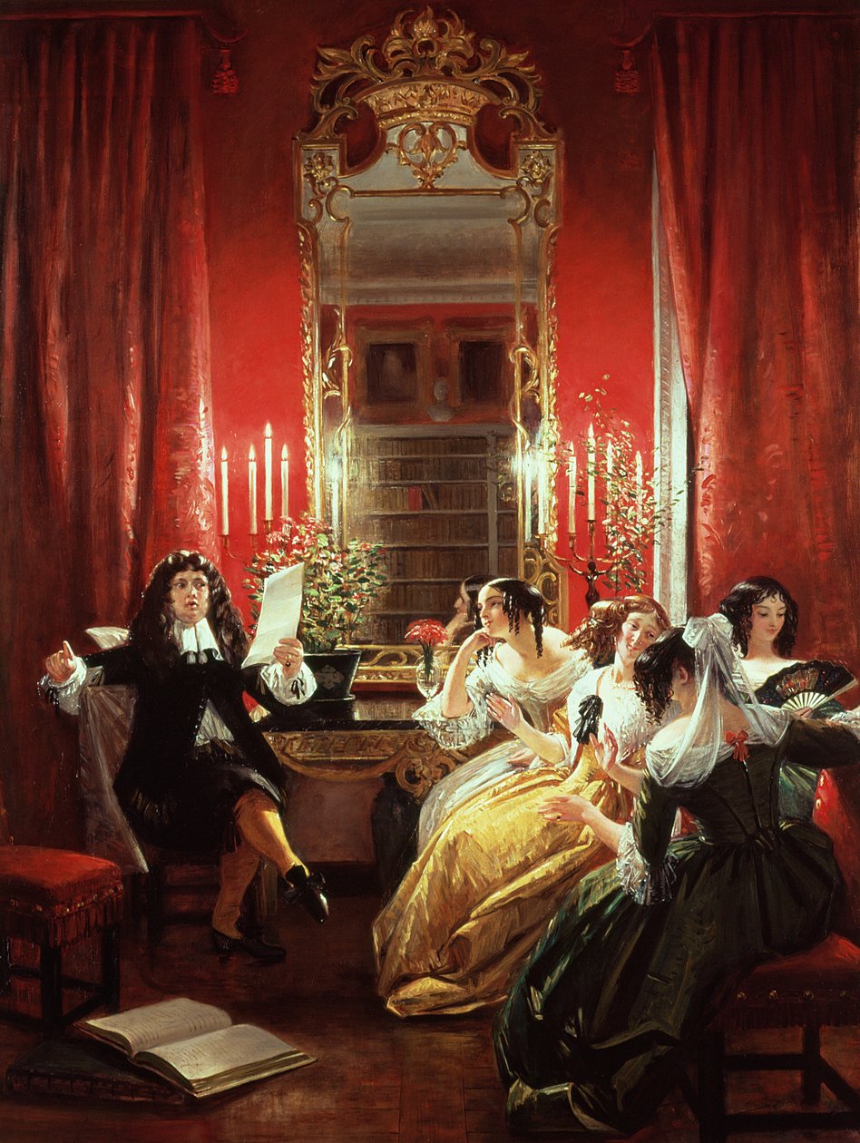 Trissotin lendo seu soneto, de &39;Les Femmes Savantes&39; por Molière (1622-73) 1846 de Charles Robert Leslie