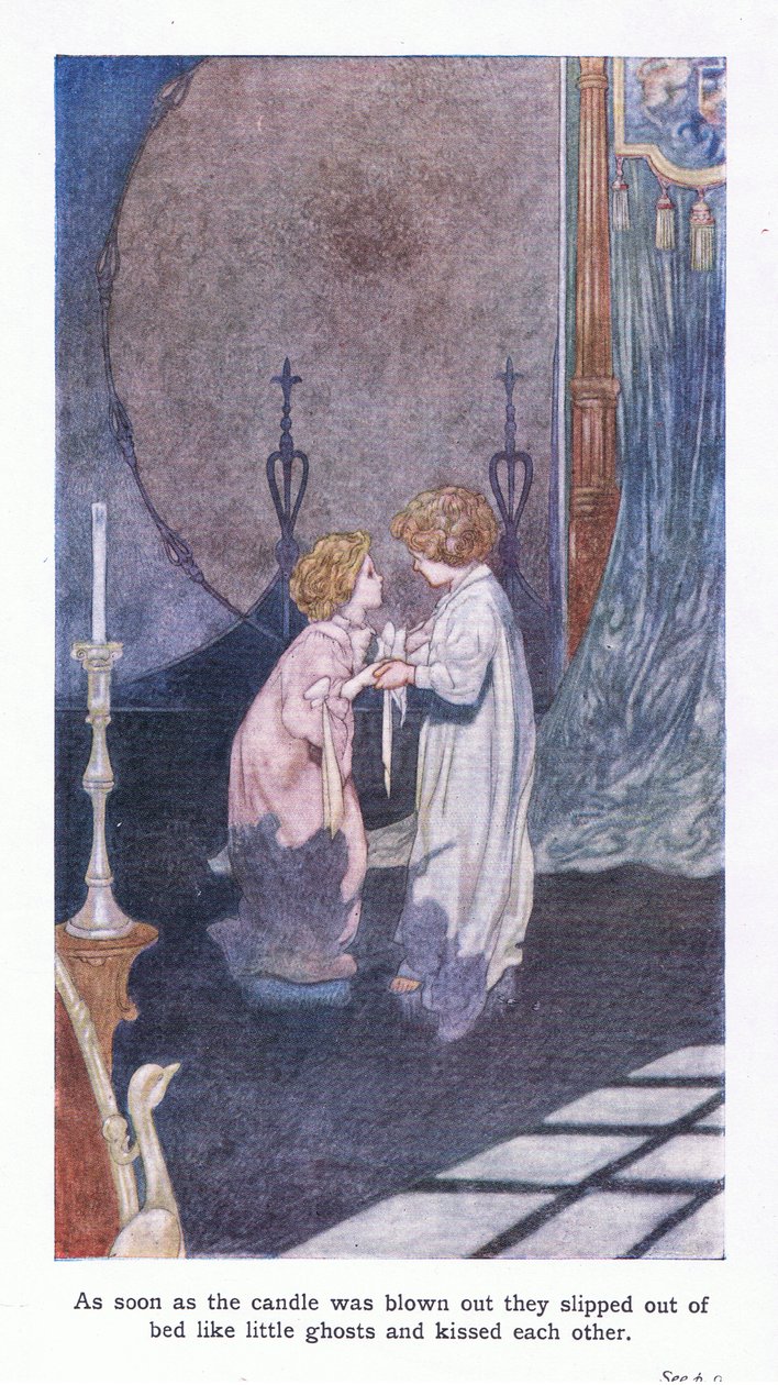 Assim que a vela foi apagada, eles saíram da cama, como pequenos fantasmas e se beijaram. de Sir John Charles Robinson