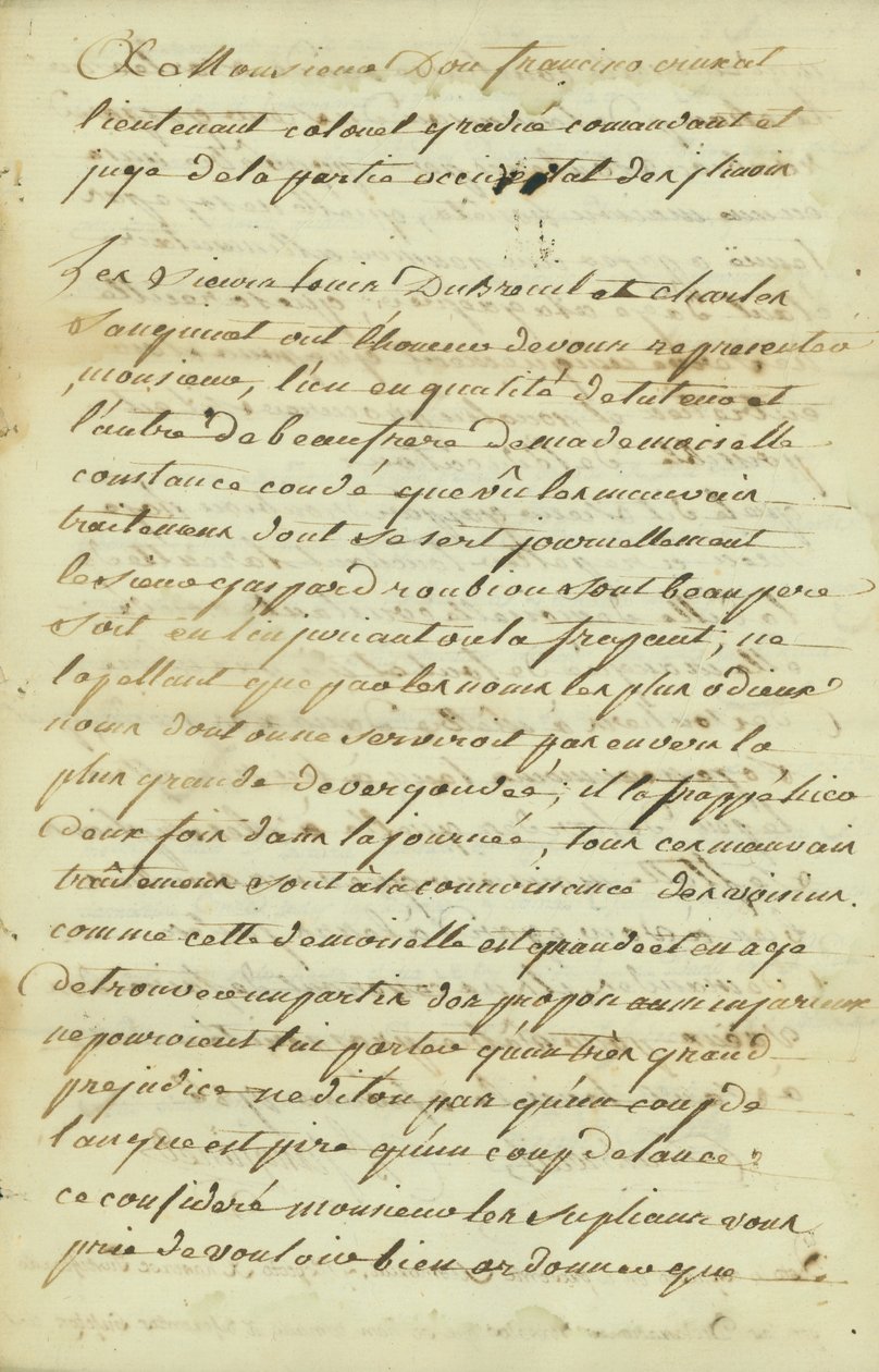Petição ao Monsieur Don Francisco de Cruzat, graduado tenente-coronel de Charles Sanguinet