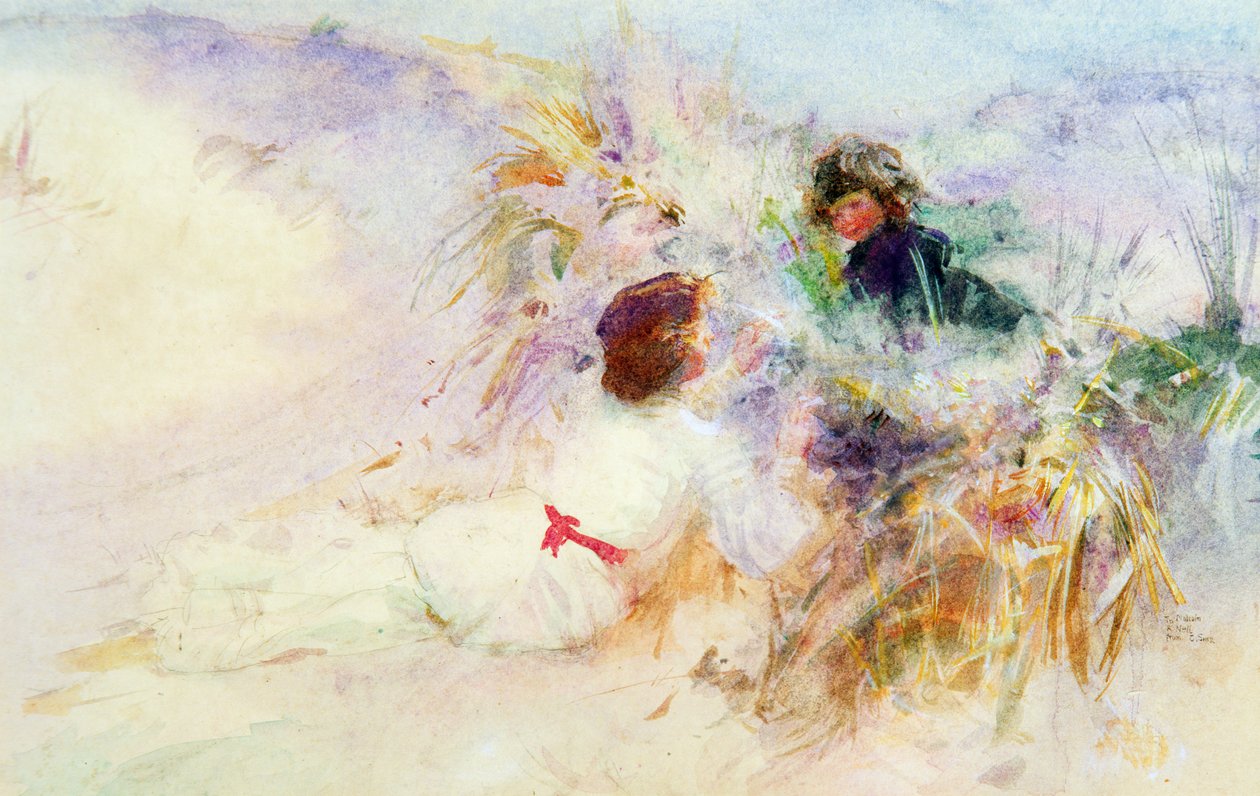 A esposa e o filho do artista nas dunas em Etretat, Normandia de Charles Sims