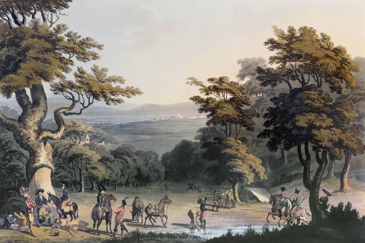 Uma visão distante de Ciudad Rodrigo, tirada do bosque de carvalho perto da aldeia de Espeja, 1813 de Charles Turner