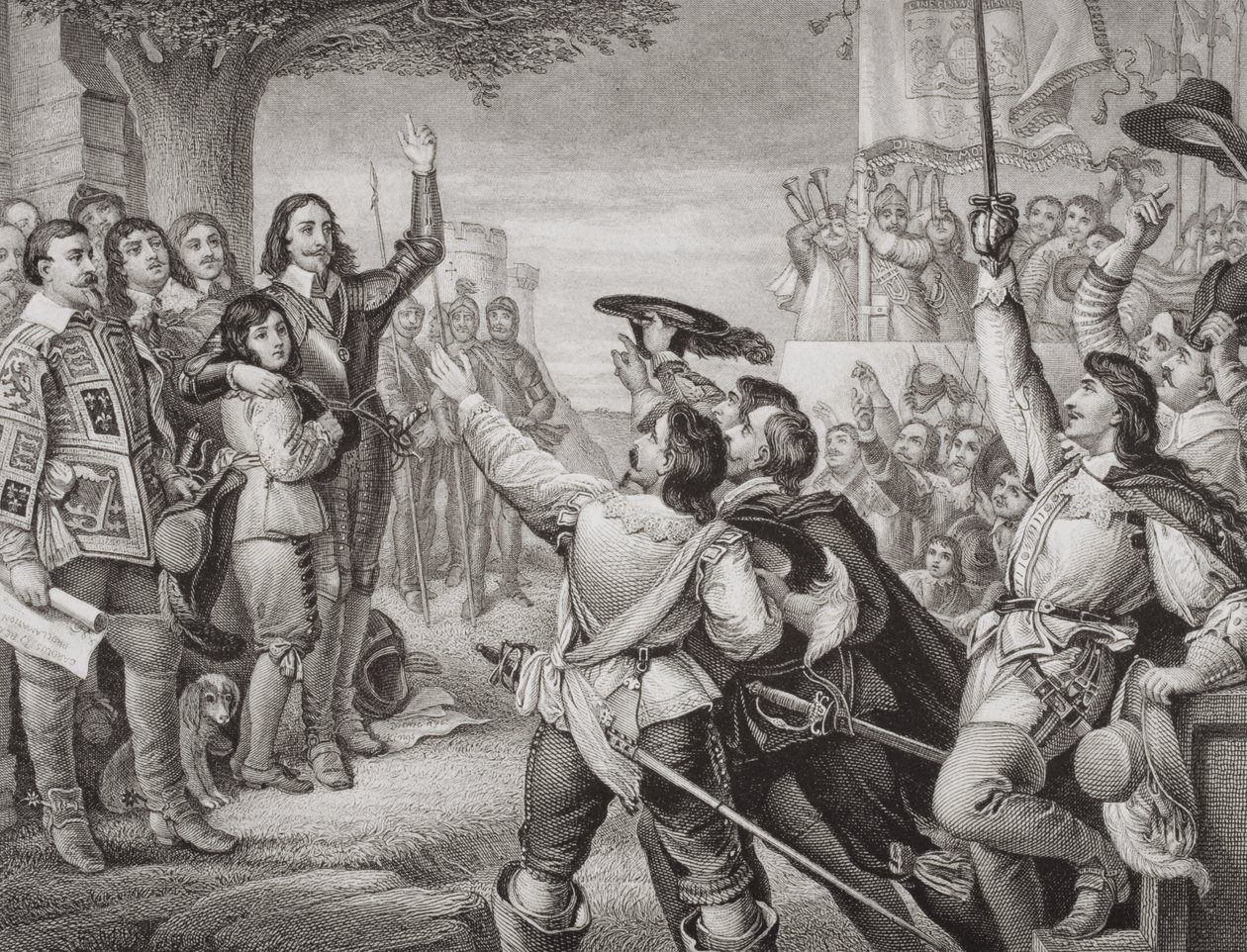 Charles I (1600-49) erigindo seu estandarte em Nottingham na cena de abertura da Grande Guerra Civil em 25 de agosto de 1642, de "Ilustrações da História Escocesa e Inglesa", Volume I de Charles West Cope