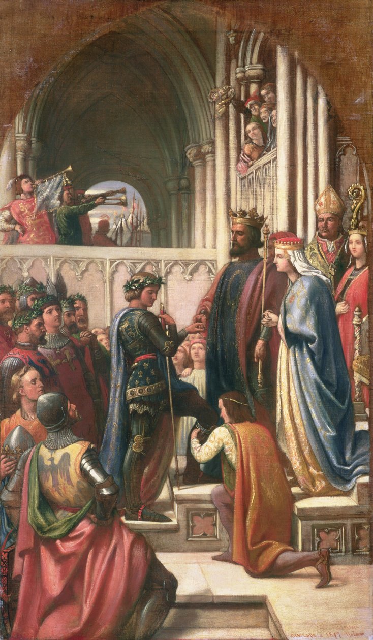 Eduardo III Conferindo a Ordem da Jarreteira de Eduardo, o Príncipe Negro, 1847 de Charles West Cope