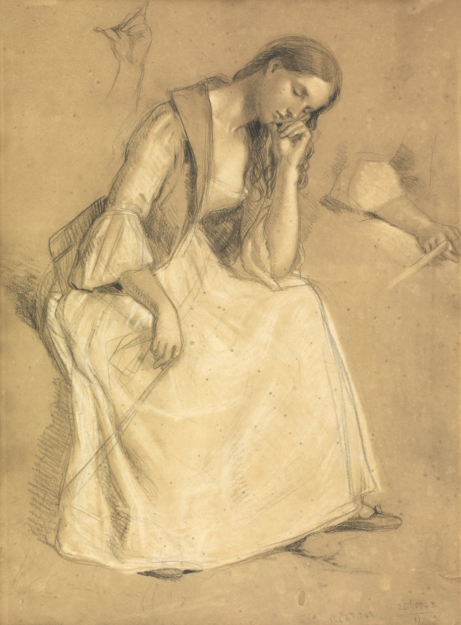 Estudo de uma menina sentada (lápis e giz sobre papel) de Charles West Cope