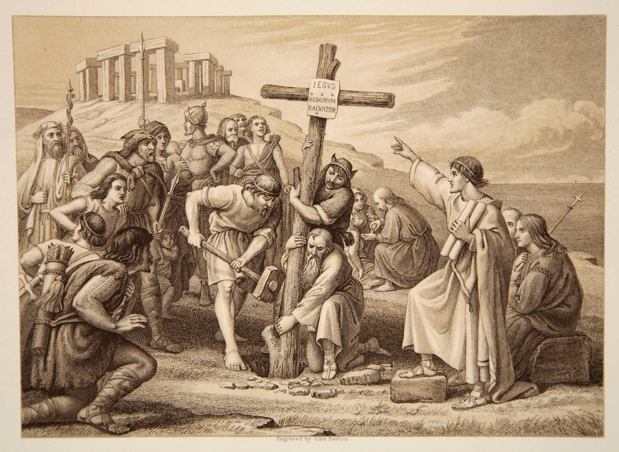 A primeira pregação do cristianismo na Grã-Bretanha, gravada por John Easton de Charles West Cope
