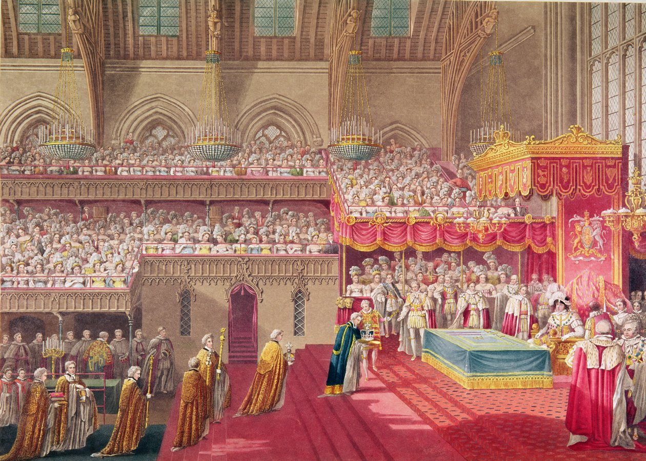 Procissão do decano e prebendaries de Westminster tendo o Regalia, de um álbum celebrando a coroação do rei George IV (1762-1830) 19 de julho de 1821, gravado por Matthew Dubourg (fl.1786- de Charles Wild