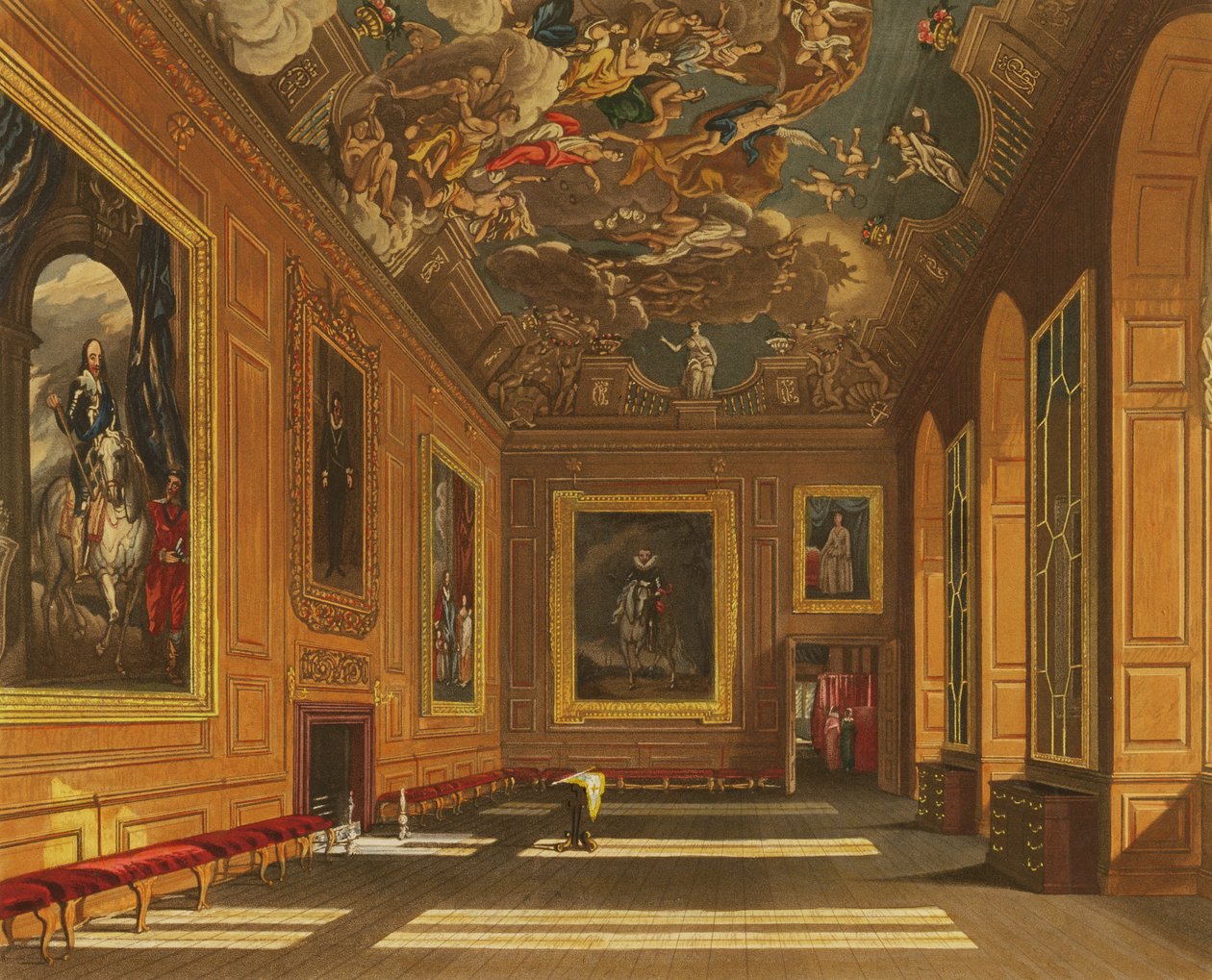 Câmara de Presença da Rainha, Castelo de Windsor, de &39;Royal Residences&39;, gravada por WJ Bennett, pub. por William Henry Pyne (1769-1843), 1819 (aquatinta) de Charles Wild