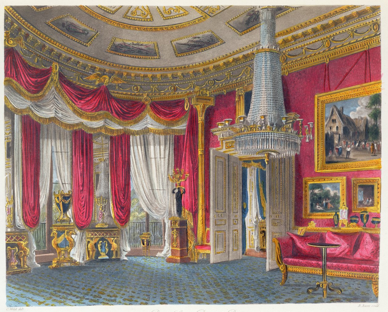 A sala de desenho Rose Satin, Carlton House, com a face a sudoeste, gravada por R. Reeve (fl.1811-37), de "A História das Residências Reais" de William Henry Pyne (1769-1843), pub. 1819 (aquatinta) de Charles Wild