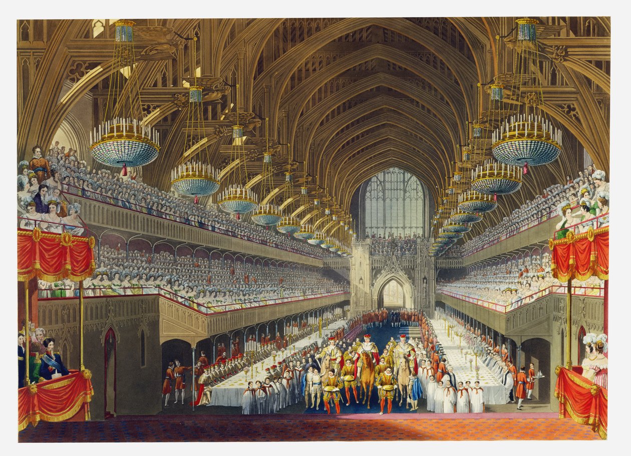 O Royal Banquet, First Course, de um álbum que celebra a coroação do rei George IV (1762-1830), em 19 de julho de 1821, gravado por William James Bennett (1787-1844), publicado em 1824 de Charles Wild